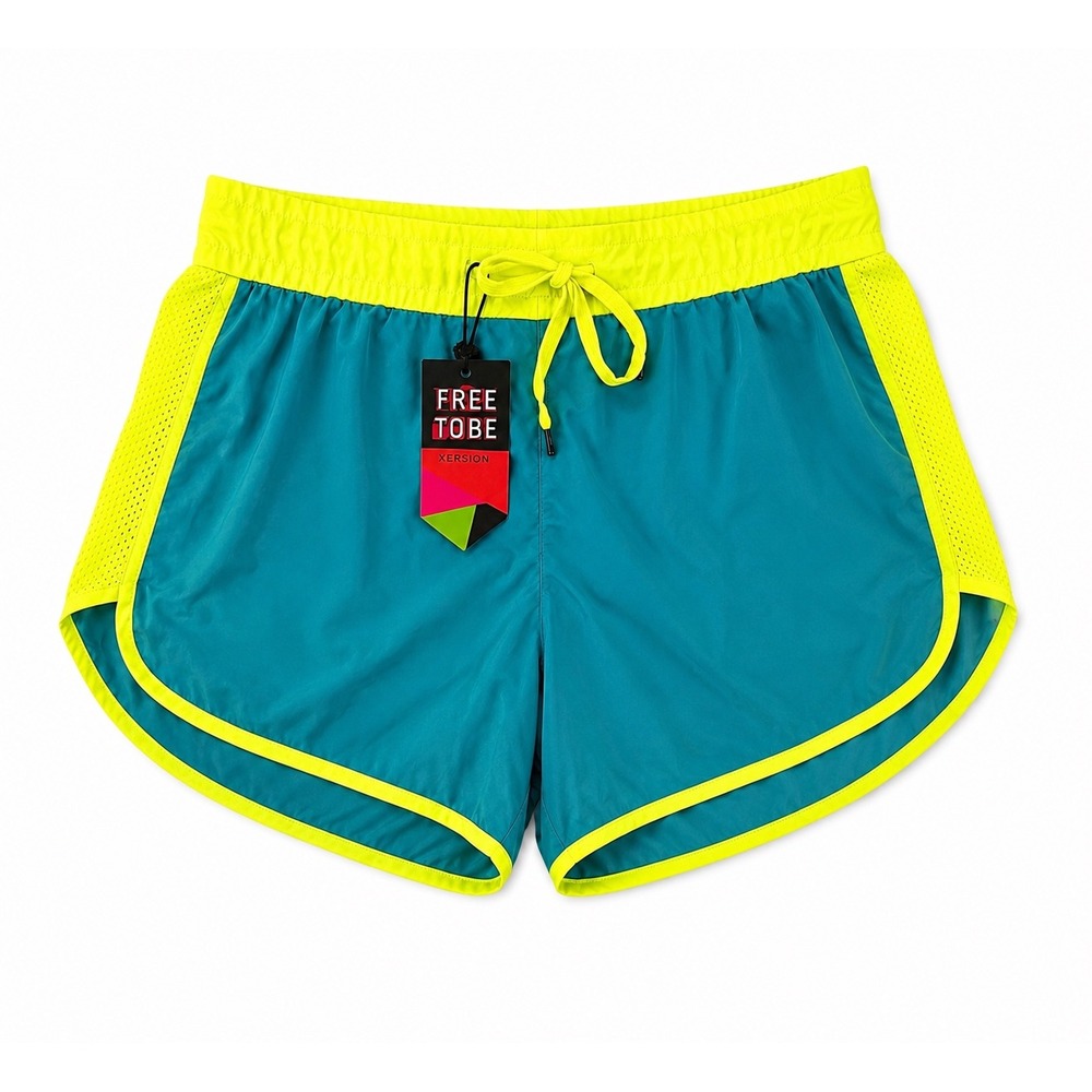 True Rock Womens Neon Teal Yellow Athletic‎ Dolphin Shorts ASHLEY-9763-TR Large